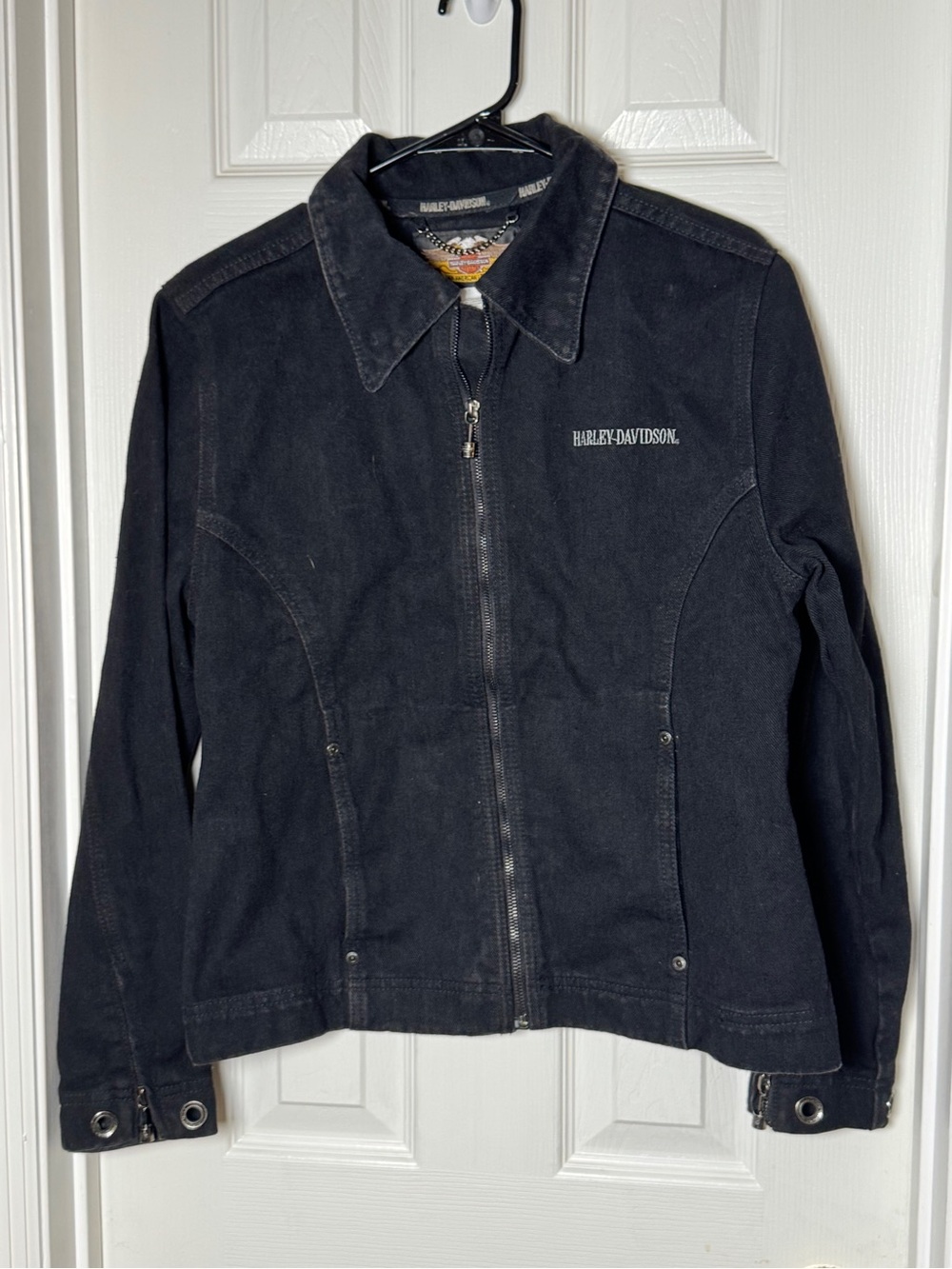 Vintage Harley Davidson Winged Back Patch Black Denim Fitted Jacket Women's S